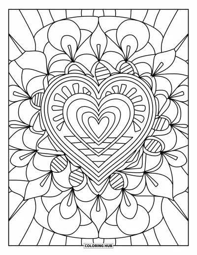 Coloriage de mandala en cœur pour enfants : Des couches de cœurs détaillées et des rayons acérés forment un mandala en cœur expressif et saisissant