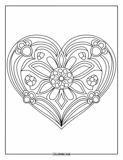 Coloriage de mandala en cœur pour enfants : Des anneaux floraux et des losanges décorent un mandala construit autour d'un cœur stylisé central
