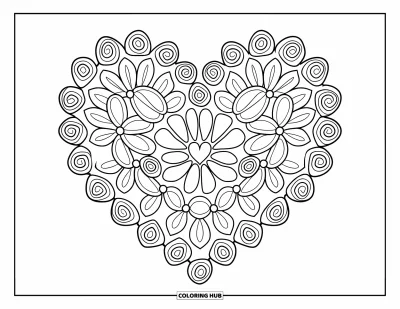 Coloriage de mandala en cœur pour enfants : Des pétales de fleurs et des spirales forment un joli mandala en cœur qui s'étend sur toute la page
