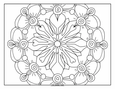 Coloriage de mandala en cœur pour enfants : Des lignes géométriques et des cœurs se mêlent à des anneaux floraux dans un mandala espiègle