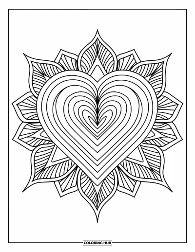 Coloriage de mandala en cœur pour enfants : Des rayons géométriques et des pétales entourent un cœur dans ce mandala moderne à couches