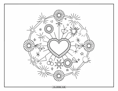 Coloriage de mandala en cœur pour enfants : Des cœurs et des anneaux de fleurs brillent dans un mandala rempli d'étoiles rayonnantes faciles à colorier