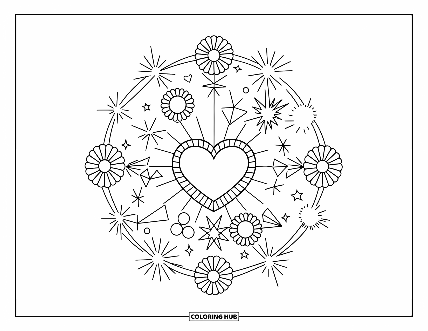 Heart Mandala Coloring Page for Kids: Heart shapes and flower rings shine in a mandala filled with kid-friendly starbursts
