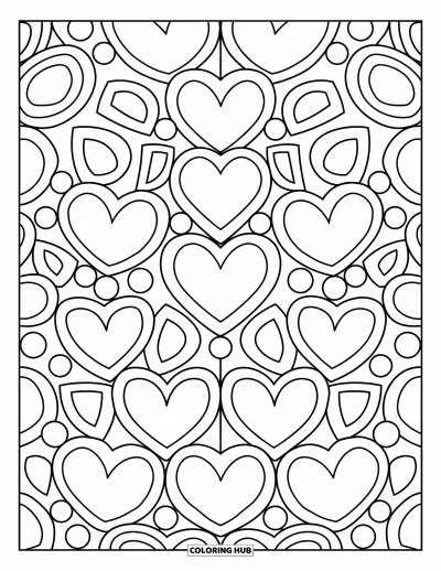 Coloriage de mandala en cœur pour enfants : Des cœurs et des cercles s'enchaînent en lignes épaisses et simples, parfaits pour la maternelle