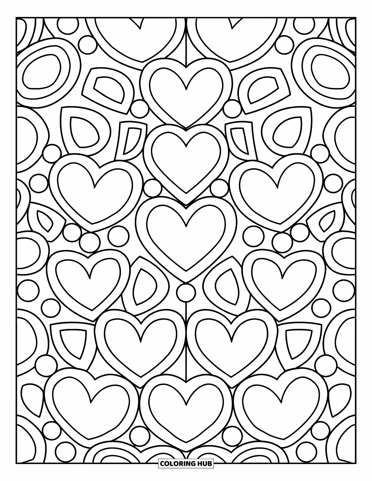 Heart Mandala Coloring Page for Kids: Hearts and circles swirl in thick, simple lines for joyful preschool coloring