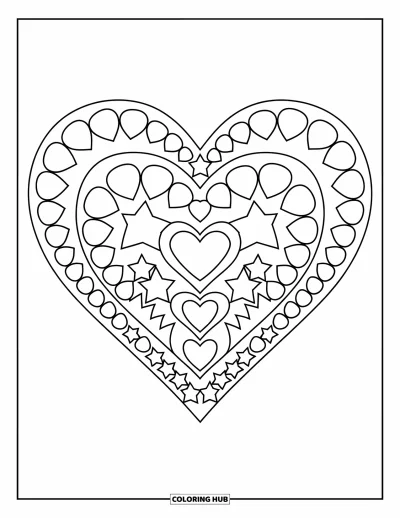 Coloriage de mandala en cœur pour enfants : Des cœurs et des étoiles créent des couches joyeuses et affirmées dans ce mandala pleine page