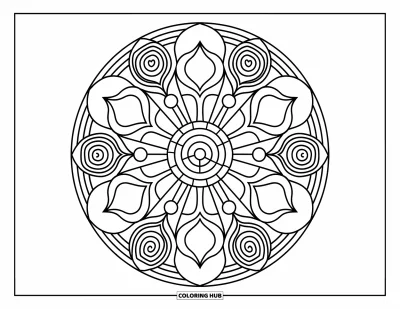 Coloriage de mandala en cœur pour enfants : Des cœurs et des spirales remplissent un mandala rond de formes joyeuses et bien marquées