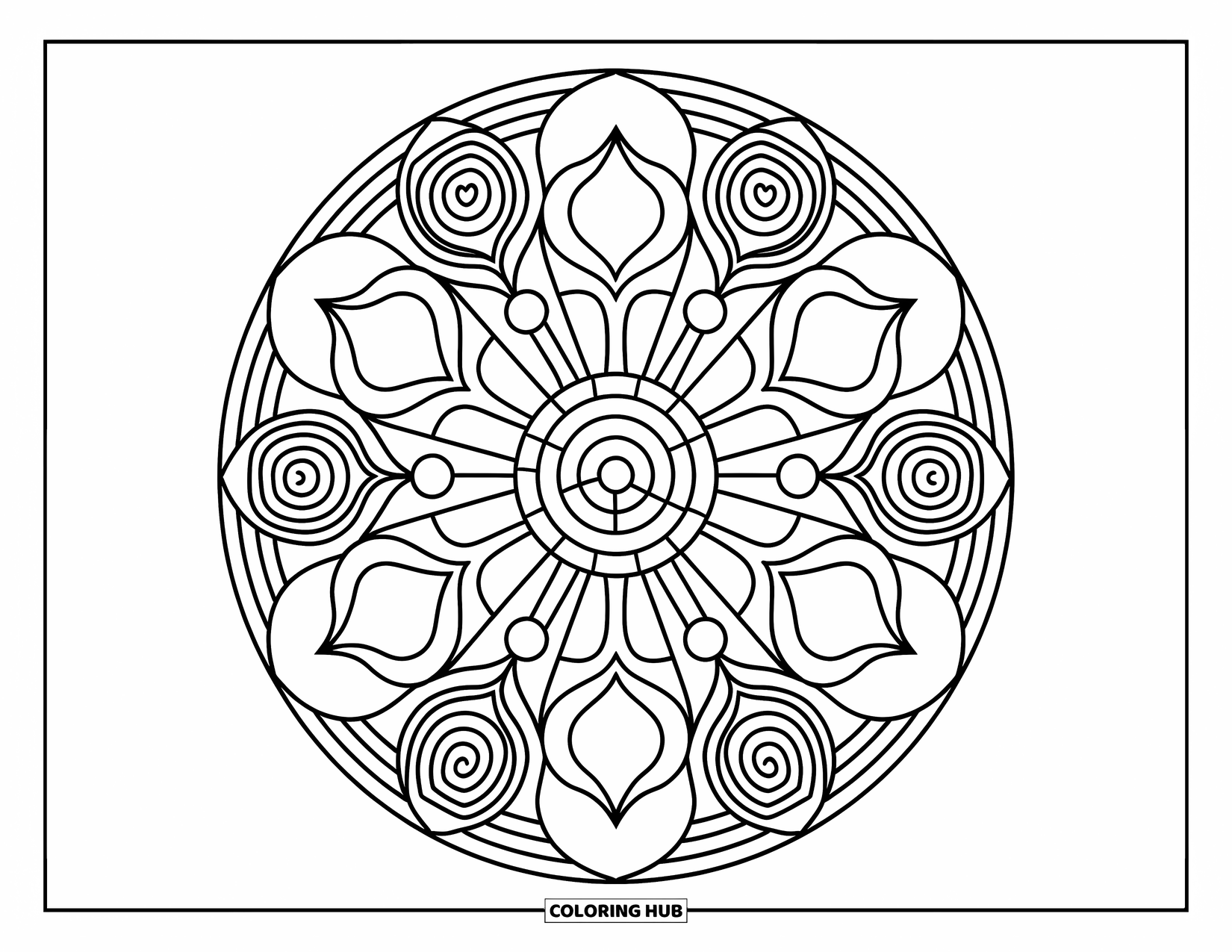 Heart Mandala Coloring Page for Kids: Hearts and swirls fill a round mandala with cheerful, bold shapes