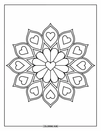 Coloriage de mandala en cœur pour enfants : Des cœurs et des triangles forment un mandala en soleil avec de grandes formes faciles à colorier