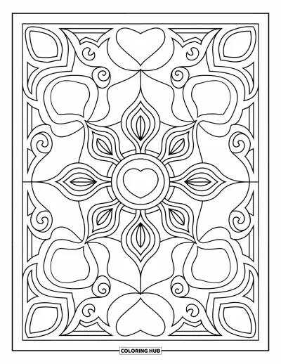 Coloriage de mandala en cœur pour enfants : Des cœurs et des lignes tribales forment une spirale dans ce dessin de mandala dynamique pleine page