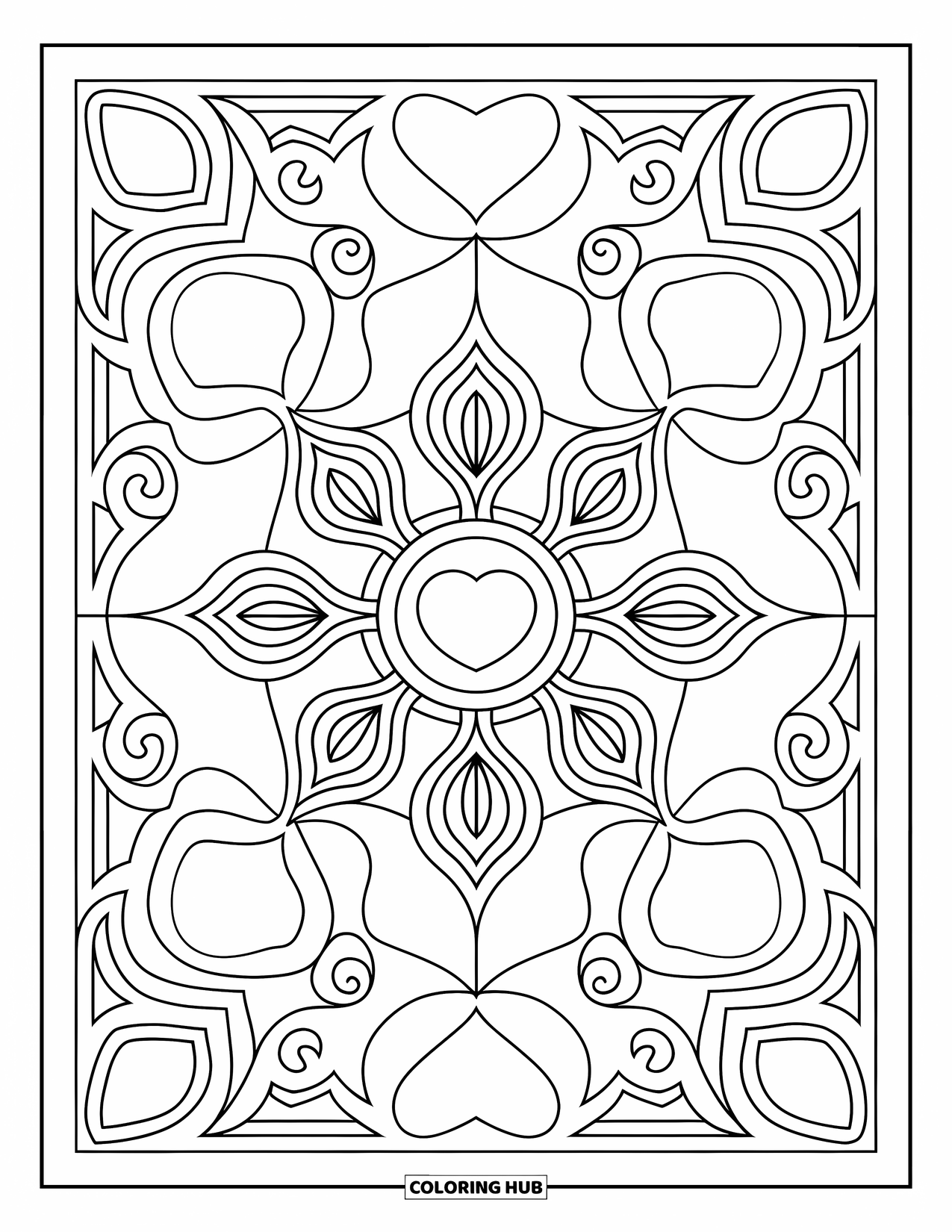 Heart Mandala Coloring Page for Kids: Hearts and tribal lines spiral out in this dynamic, full-page mandala design