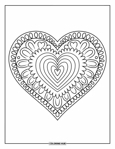 Coloriage de mandala en cœur pour enfants : Des cœurs, des fleurs et de petits cercles composent un mandala ludique, parfait pour les jeunes artistes