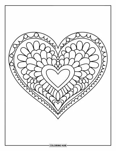 Coloriage de mandala en cœur pour enfants : Des cœurs et des pétales superposés créent un mandala joyeux aux lignes bien marquées pour colorier
