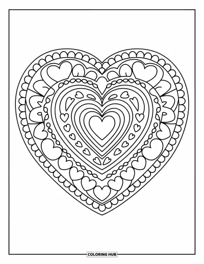 Coloriage de mandala en cœur pour enfants : Des branchages feuillus et des formes festonnées se répètent autour d'un cœur dans ce mandala affirmé