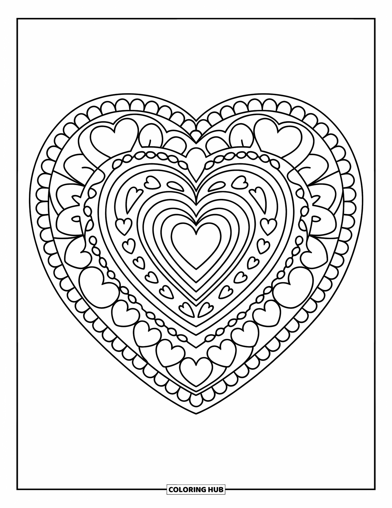 Heart Mandala Coloring Page for Kids: Leafy vines and scalloped shapes repeat around a heart in this bold mandala