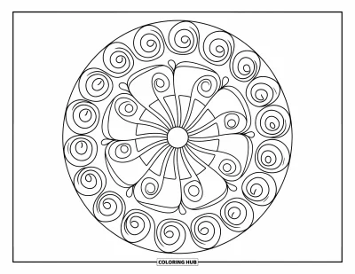 Coloriage de mandala en cœur pour enfants : Des spirales et des cercles entourent de grands cœurs dans ce mandala accessible et amusant