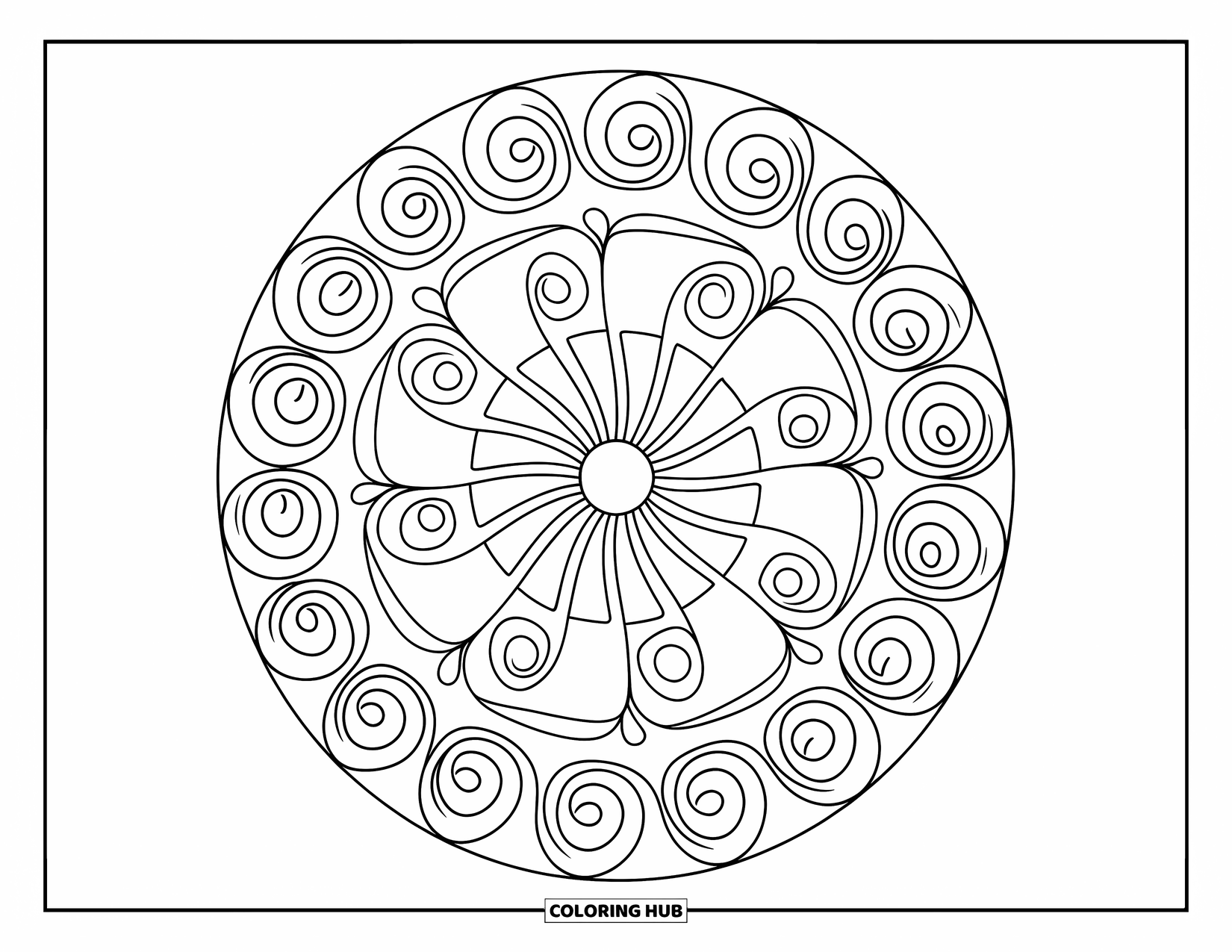 Heart Mandala Coloring Page for Kids: Spirals and circles surround bold hearts in this easy and fun mandala