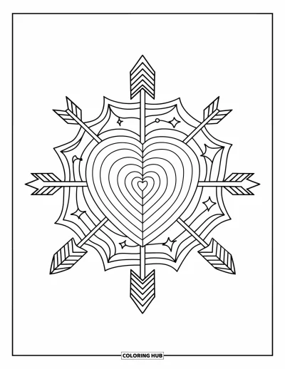 Coloriage de mandala en cœur pour enfants : Des étoiles et des flèches s'entrelacent autour d'un cœur central dans ce mandala dynamique