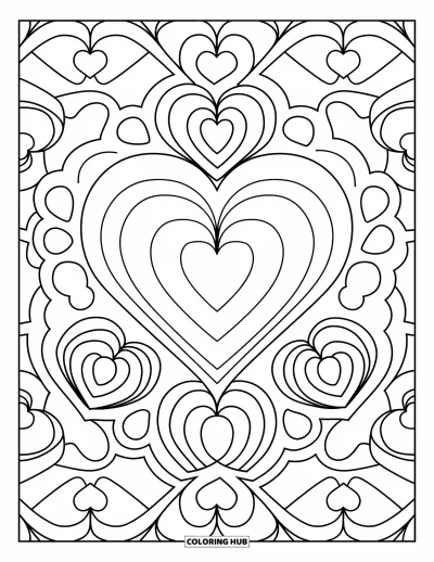 Coloriage de mandala en cœur pour enfants : Des contours de cœurs épais et des cercles se répètent dans un mandala vif et audacieux