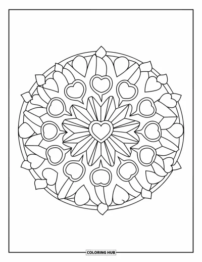 Coloriage de mandala en cœur pour enfants : Ce mandala en soleil de cœurs et de triangles est grand, généreux et facile à apprécier