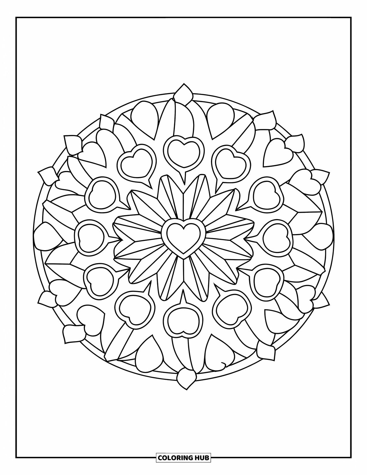 Heart Mandala Coloring Page for Kids: This heart and triangle sunburst mandala is big, bold, and easy to enjoy