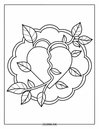 Coloriage de mandala en cœur pour enfants : Ce mandala feuillu enroule des branchages et des lignes festonnées autour d'un cœur central