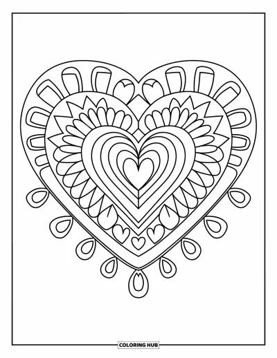 Coloriage de mandala en cœur pour enfants : Des volutes et des cœurs d'esprit tribal forment un mandala audacieux et symétrique sur toute la page