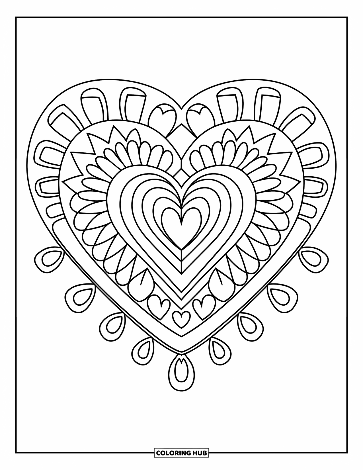 Heart Mandala Coloring Page for Kids: Tribal-style curls and hearts form a bold, symmetrical mandala across the page