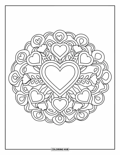 Coloriage de mandala en cœur pour enfants : Des branchages s'enroulent autour d'un cœur dans un mandala aux festons et à la douce symétrie