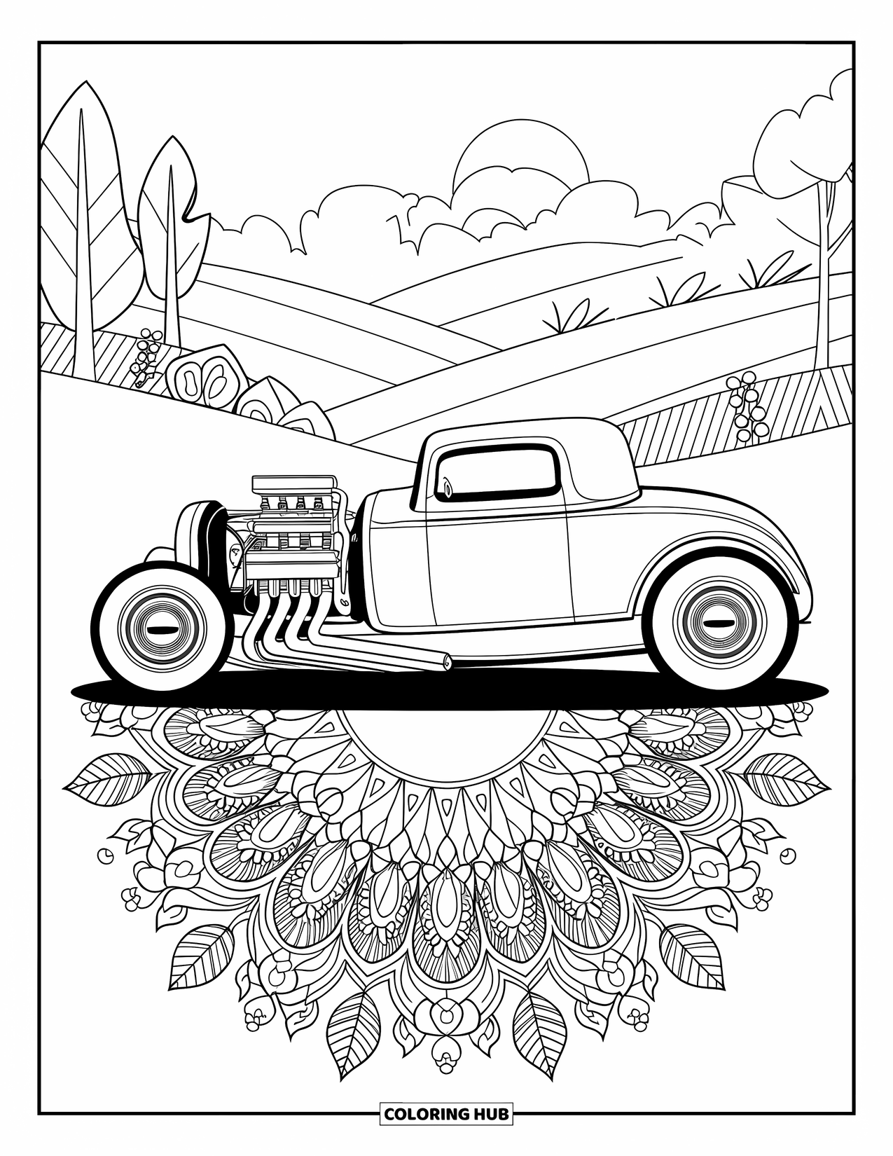 Hot Rod Coloring Page for Adults: Chrome-detailed hot rod in floral mandala with scenic hills