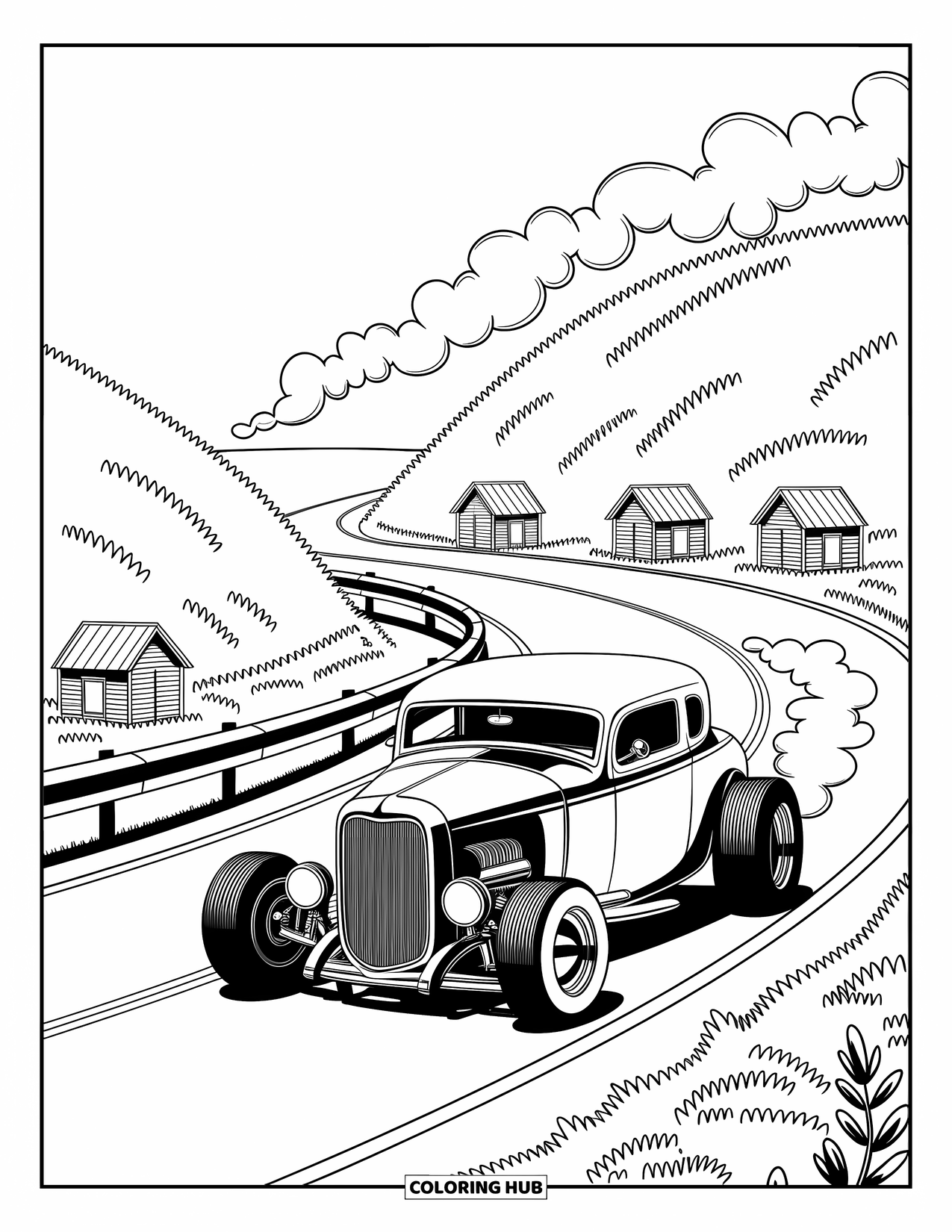 Hot Rod Coloring Page for Adults: Classic hot rod along a seaside road with hills, huts, and gentle exhaust