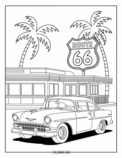 Hot Rod kifestő felnőtteknek: Klasszikus hot rod étteremnél Route 66-os táblával és himbálózó pálmafákkal