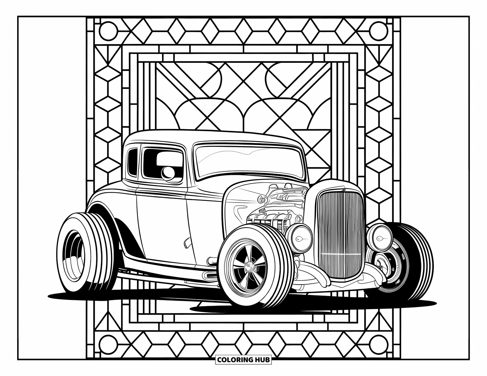Hot Rod Coloring Page for Adults: Classic hot rod with chrome accents surrounded by geometric stained glass