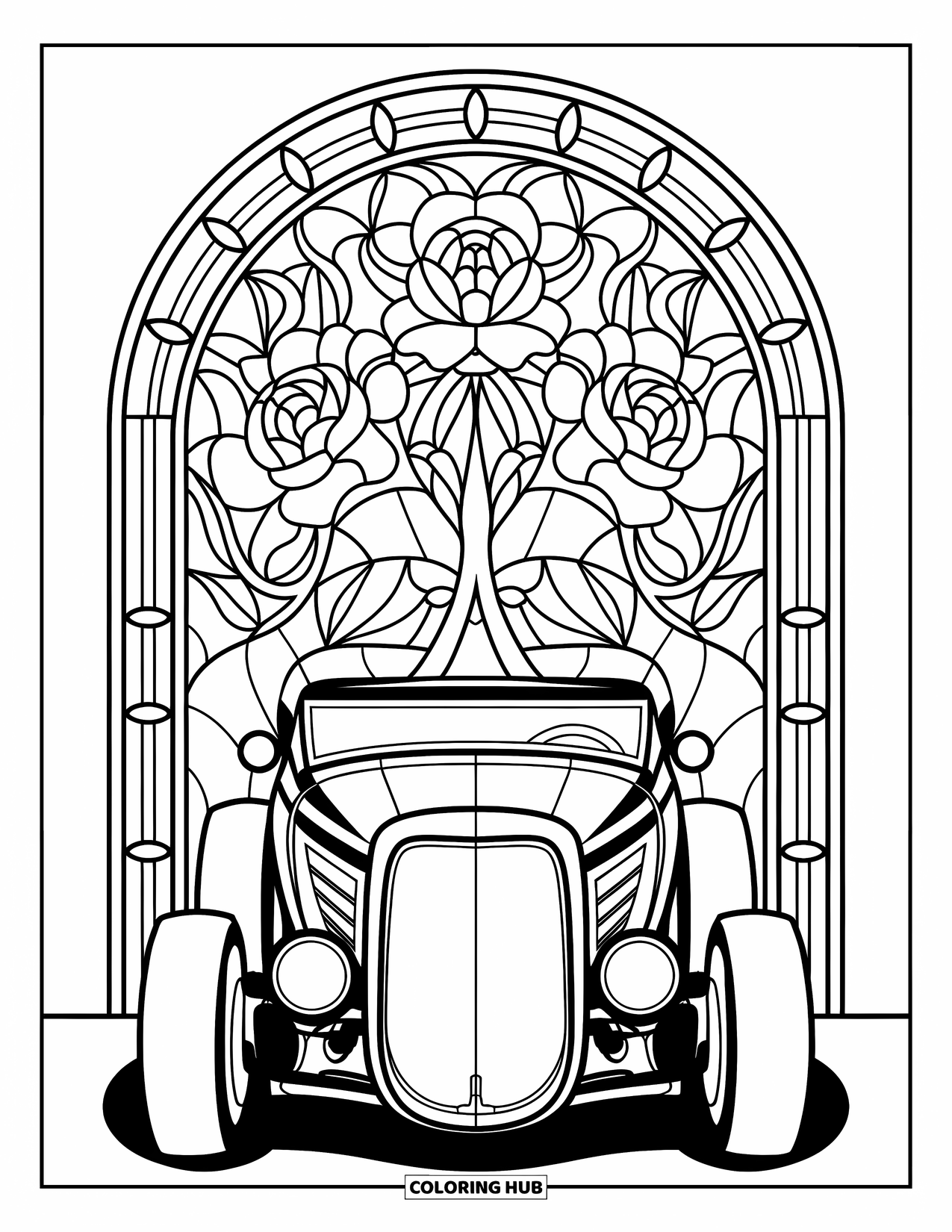 Hot Rod Coloring Page for Adults: Curved hot rod with roses and vines in stained glass