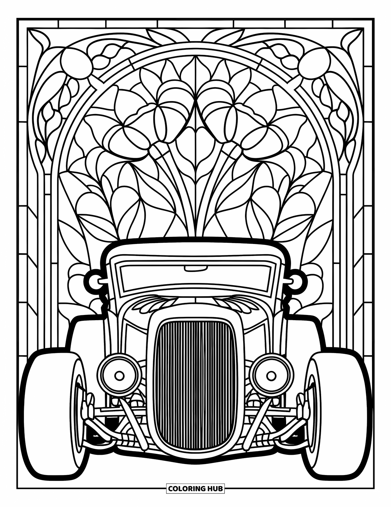 Hot Rod Coloring Page for Adults: Front view hot rod with floral stained glass background