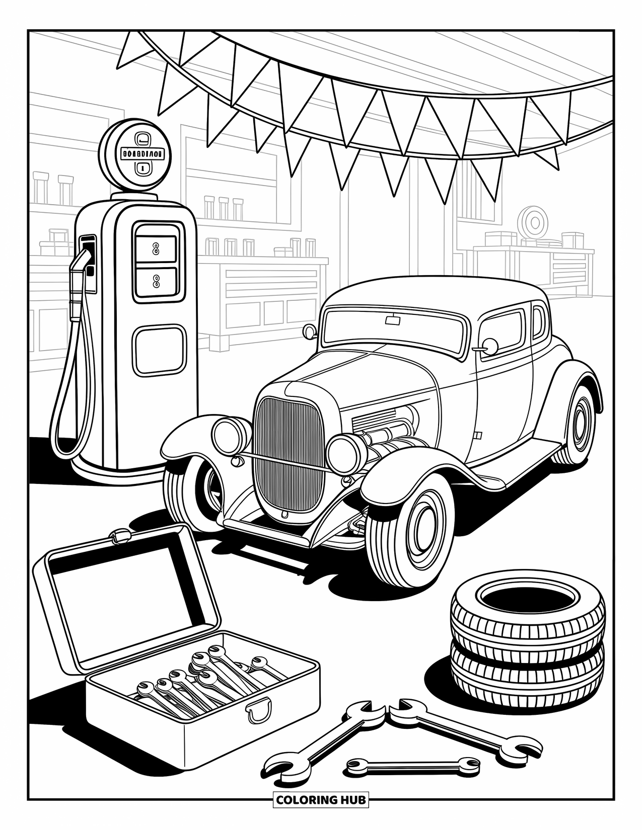 Hot Rod Coloring Page for Adults: Hot rod at a pit stop with gas pump, flags, toolbox, and spare tires