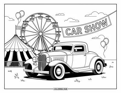 Hot Rod kifestő felnőtteknek: Hot rod óriáskerék és csíkos sátor mellett "Car Show" feliratú transzparenssel