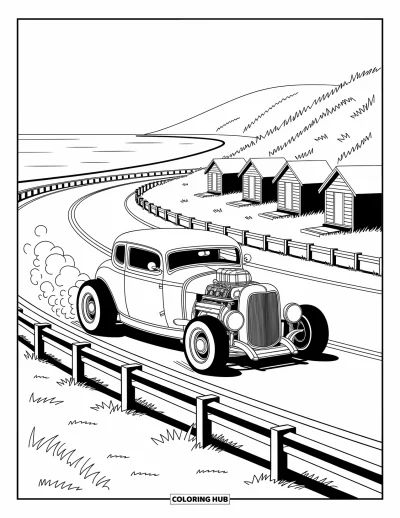 Hot Rod kifestő felnőtteknek: Hot rod tengerpart mentén halad dombokkal, kunyhókkal és csendes kék tengerrel