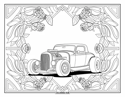 Hot Rod kifestő felnőtteknek: Hot rod rózsák és levelek keretében mintás fal előtt