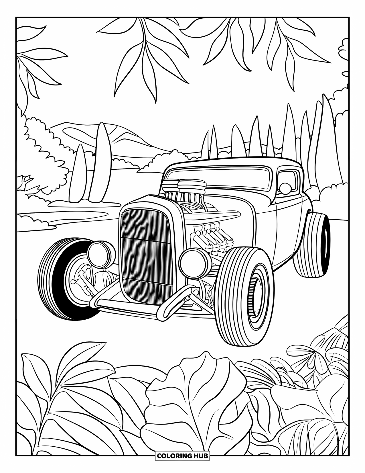 Hot Rod Coloring Page for Adults: Hot rod in lush botanical garden with mountains and water