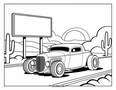 Hot Rod kifestő felnőtteknek: Hot rod napos sivatagi országúton kaktuszokkal és kopott óriásplakáttal
