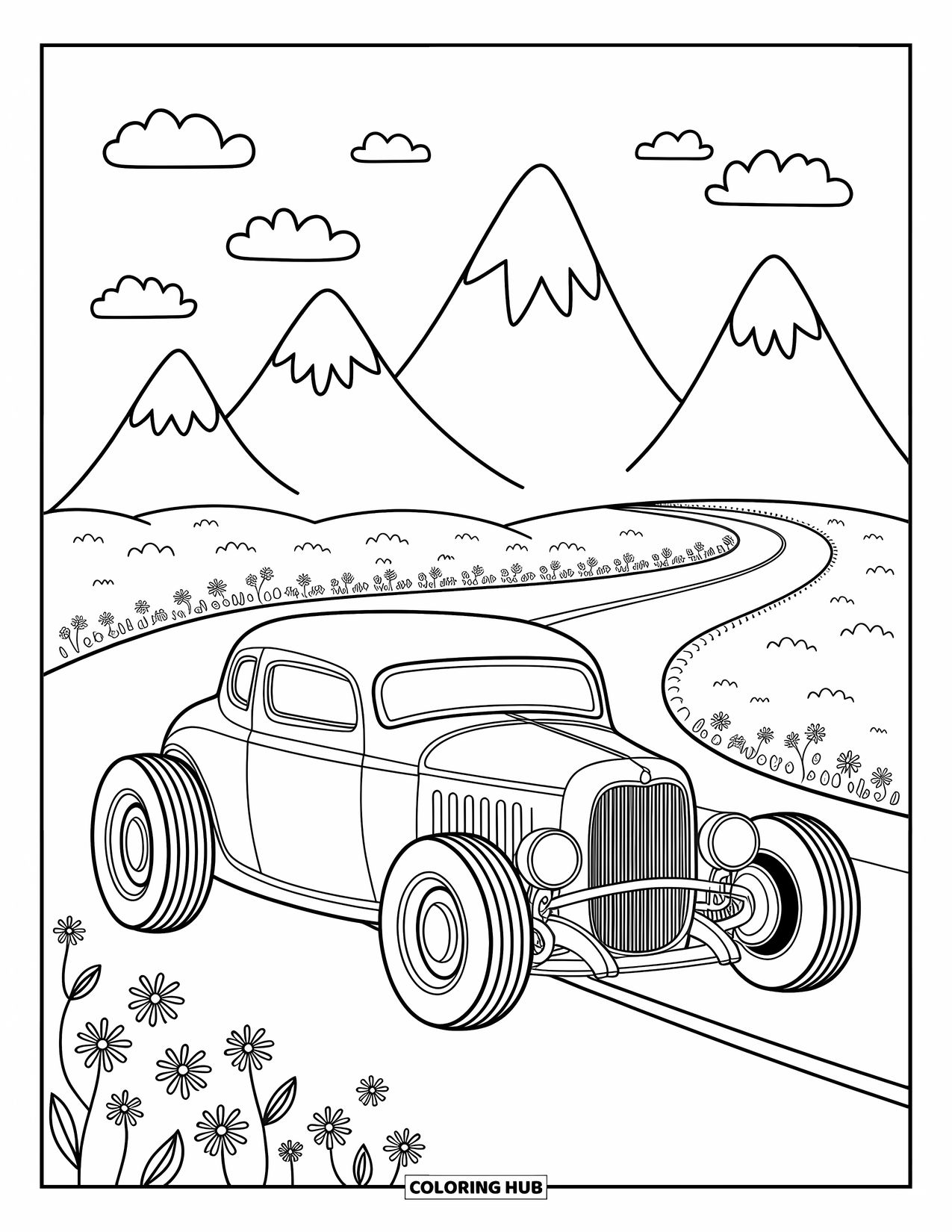 Hot Rod Coloring Page for Adults: Hot rod with big tires by mountains, winding road, and fluffy clouds