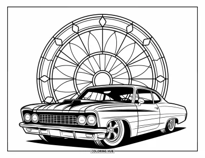 Hot Rod kifestő felnőtteknek: Hot rod krómrészletekkel és geometrikus ólomüveg háttérrel