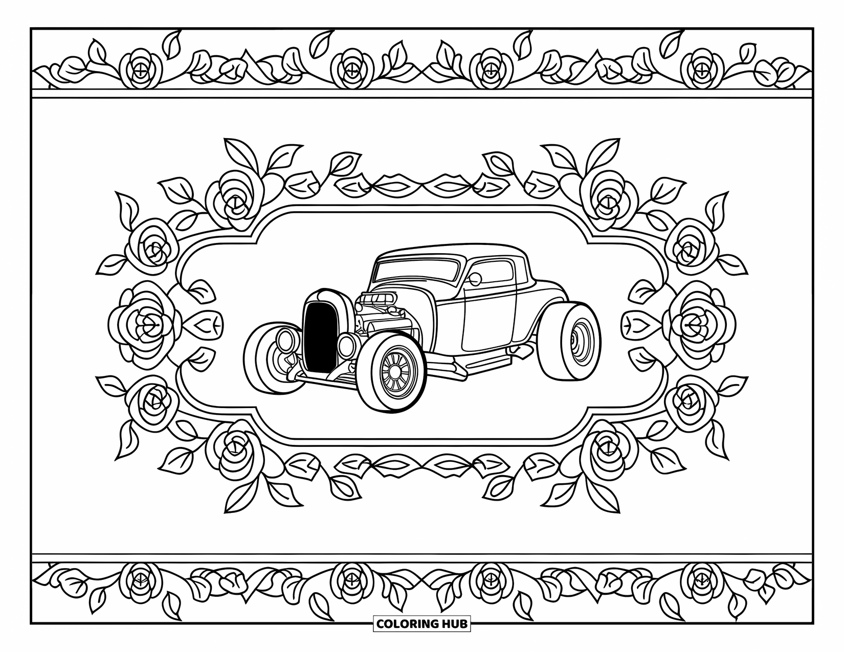Hot Rod Coloring Page for Adults: Hot rod with intricate details in a rose and leaf frame