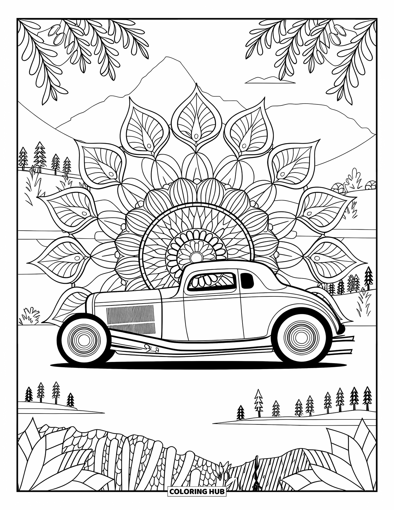 Hot Rod Coloring Page for Adults: Hot rod with large wheels in floral and vine mandala