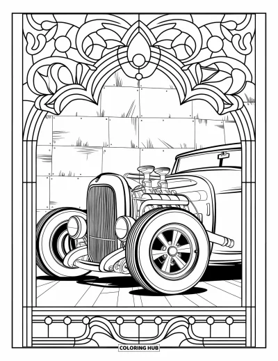 Hot Rod kifestő felnőtteknek: Hot rod díszes kerekekkel ólomüveg ablak keretében