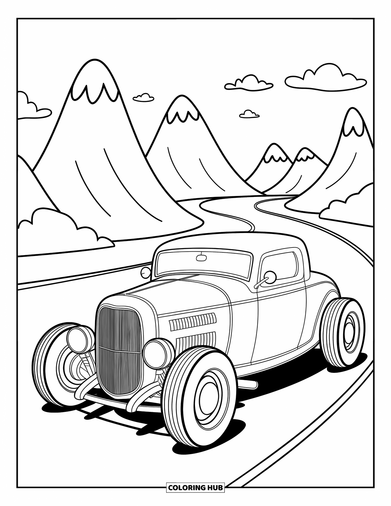 Hot Rod Coloring Page for Adults: Hot rod with oversized tires before cartoon mountains and winding road