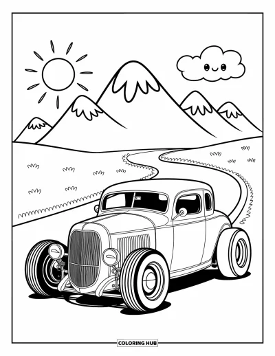 Hot Rod kifestő felnőtteknek: Lekerekített sárhányójú hot rod hegyeknél és játékos kanyargós útnál parkolva
