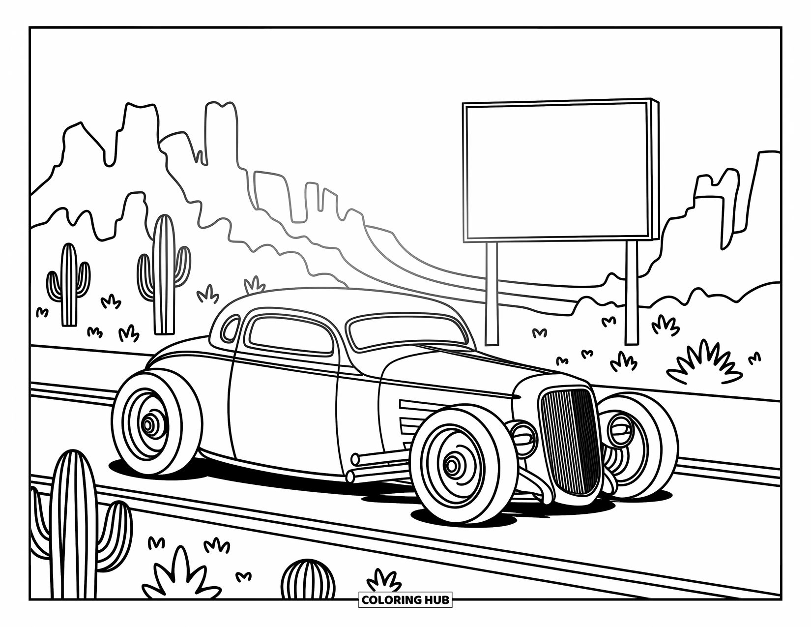 Hot Rod Coloring Page for Adults: Smooth hot rod driving a desert road with a rustic roadside sign