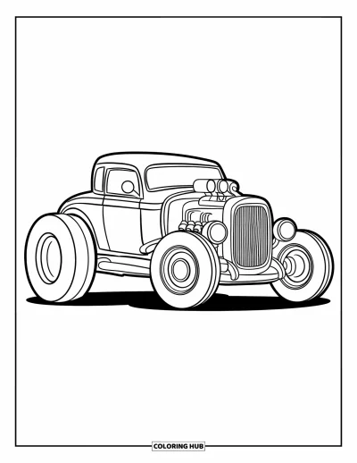 Hot Rod kifestő gyerekeknek: Rajzos hot rod túlméretezett kerekekkel fehér háttéren